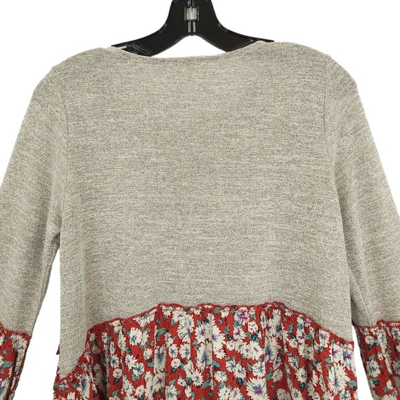 Easel Long Sleeve Knit Floral Tunic Top Womens Size Small Tie Sleeves Gray Red - Picture 7 of 13